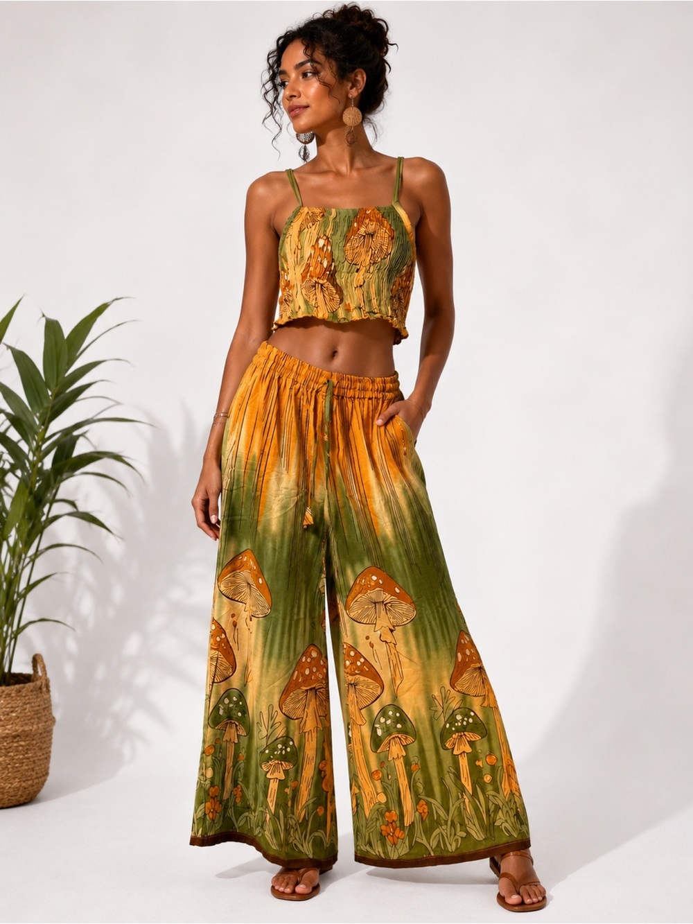 NWT Kirat L/XL Mushroom Boho Crop Top Wide Leg Pants 2 Piece Set